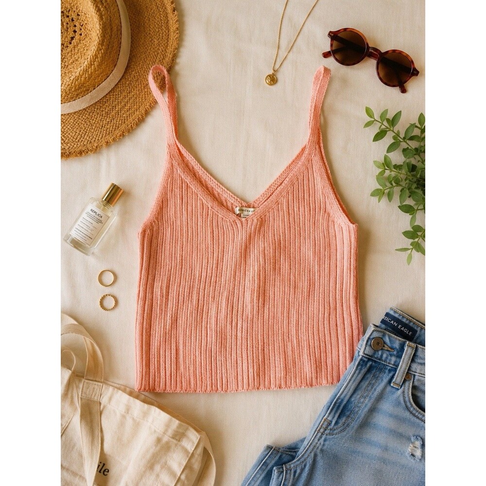 American Eagle Peach Ribbed Knit V-Neck Crop Tank Top Women's XL NWT